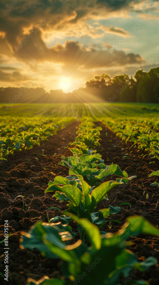 Farmland and farm field in rural. Panoramic view of the agricultural field. Idyllic rural scene in sunset light. Vertical banner.