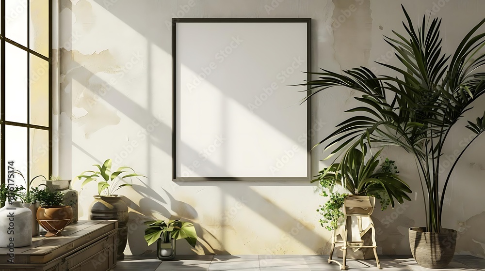 The photo shows a bright room with a large window, a potted palm tree, and a blank frame on the wall. The photo shows a bright room with a large window, a potted palm tree, and a blank frame on the wall.