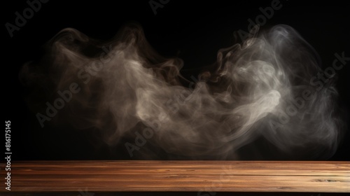Dynamic trails of smoke dance over a polished wooden table with rich grains, creating an impactful visual contrast photo