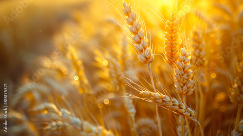 Close-up of wheat ears in sunset light and with the background blurred. Rural landscape on a summer day. Harvest concept. © Karim Boiko