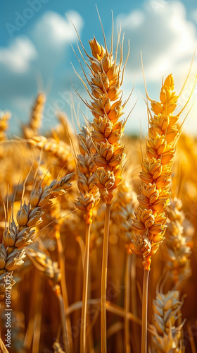 Close-up of wheat ears in sunset light and with the background blurred. Rural landscape on a summer day. Harvest concept. Vertical Banner © Karim Boiko