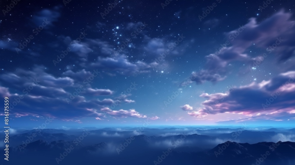 A tranquil scene showing a star-filled night sky above silhouetted misty mountainous landscape during twilight