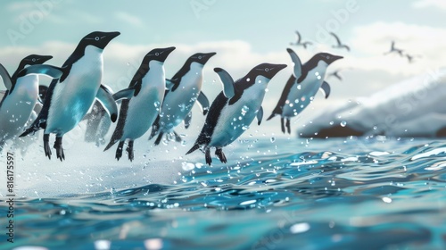 A dynamic and playful image showcasing a group of penguins jumping out of the water  frozen in motion with splashing