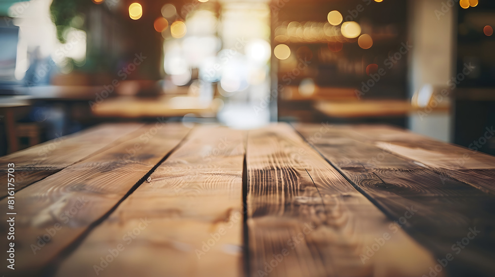 Empty wooden table space platform and blurred resturant or coffee shop background for product display montage : Generative AI