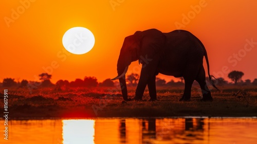 A lone elephant is silhouetted against the setting sun's glow beside the reflective tranquility of a water body