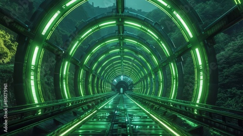 A cinematic view of a hightech tunnel glowing with neon green, designed to represent a portal to another dimension or a highspeed transport system