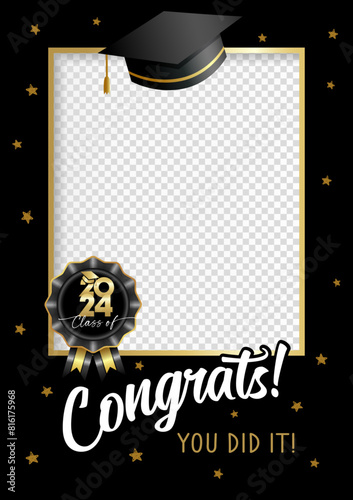 Class of 2024 Congrats, Graduation party photo booth. Photo frame A4 for graduation with cap and golden stars. Congratulations graduates, vector illustration