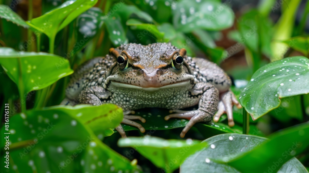 An intimate perspective of a mottled green and brown frog sitting on wet leaves, immersed in a lush jungle An intimate perspective of a mottled green and brown frog sitting on wet leaves, immersed in a lush jungle
