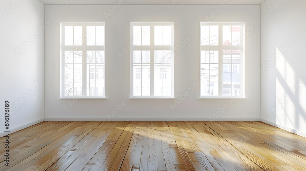empty room after renovation two windows white walls and wooden floor in new apartment : Generative AI empty room after renovation two windows white walls and wooden floor in new apartment : Generative AI