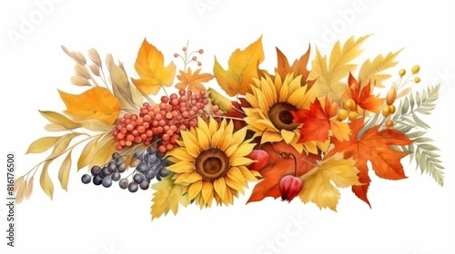 Fototapeta Naklejka Na Ścianę i Meble -  An abundant watercolor depiction of autumn, featuring grapes, apples, and a wide array of fall foliage and flowers