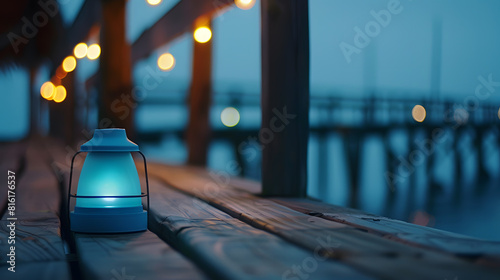 wooden pier with blue lamp : Generative AI