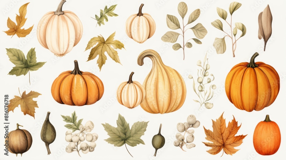 A beautifully crafted set of watercolor pumpkins and foliage representing the essence of autumn and harvest time A beautifully crafted set of watercolor pumpkins and foliage representing the essence of autumn and harvest time