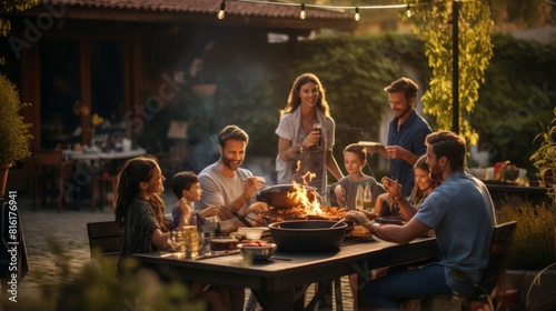 A warm image of a backyard evening gathering around a barbecue fire  enjoying food and wine with friends and family