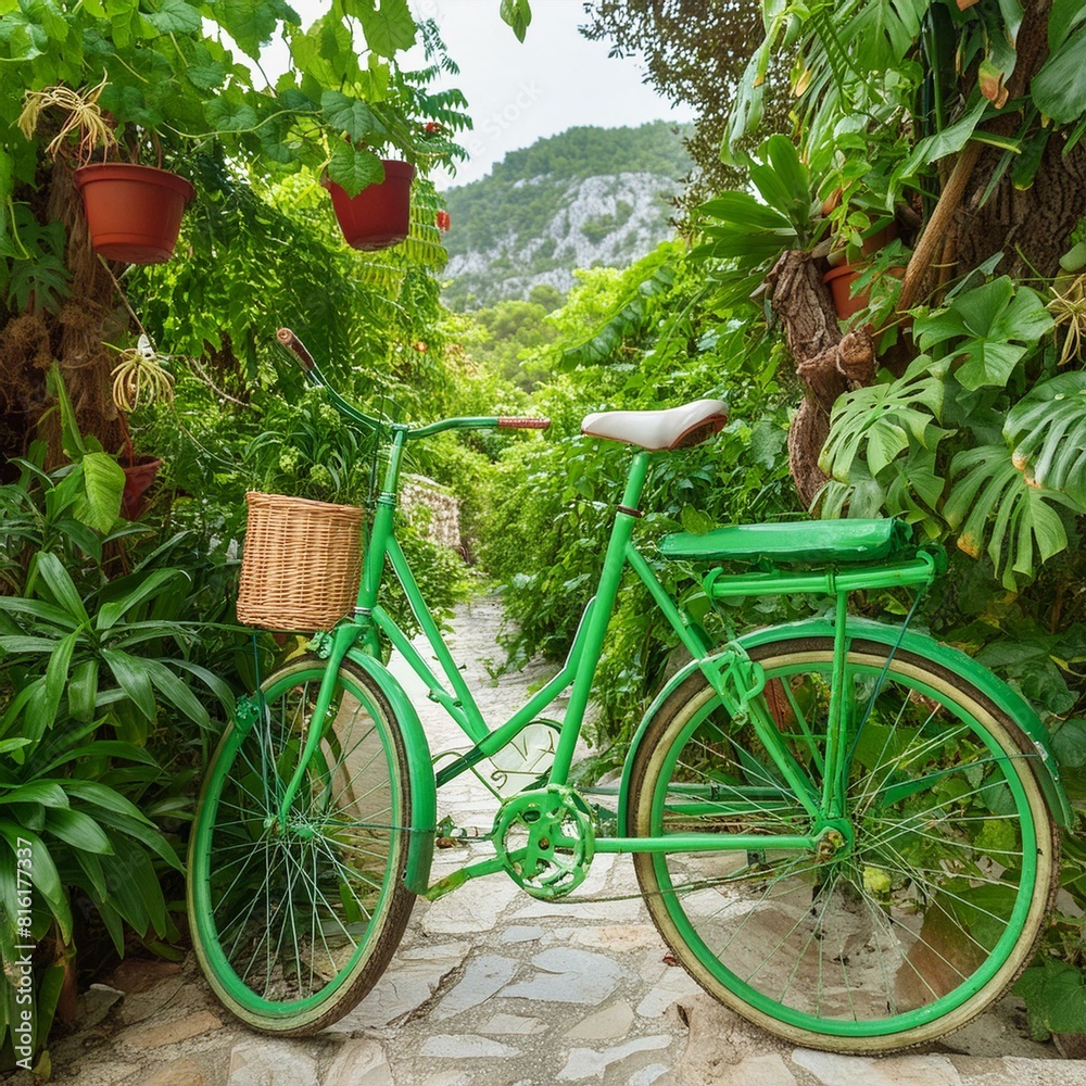 reen bicycle surrounded by lush plants in a serene setting