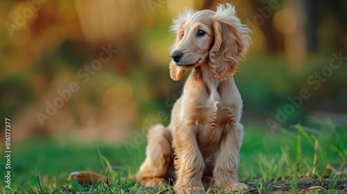 A majestic golden dog holds a stick in its mouth, with golden sunset light illuminating its fur photo