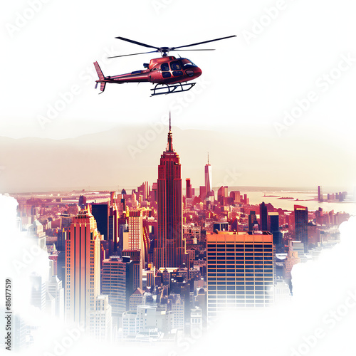 Helicopter tours over iconic city landmarks isolated on white background, cinematic, png
 photo