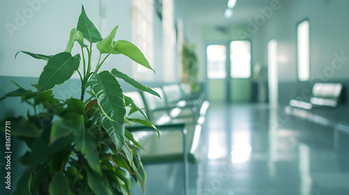 empty waiting room in a clinic or hospital corridor or hallway with green plant : Generative AI