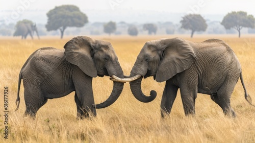 Gentle moment between two elephants in the savannah  symbolizing connection and peace