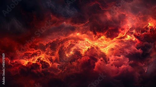 Fiery red and black sky clouds, Thunderclouds. Dramatic sky with heavy clouds. Fantastic, magical, fantasy scene.