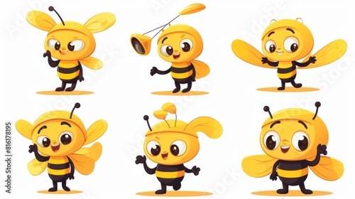 Illustration set featuring six bees engaged in different activities  holding props for various narratives