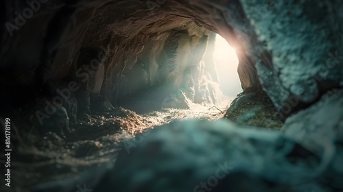 Empty tomb while light shines from the outside Jesus Christ Resurrection Christian Easter concept : Generative AI