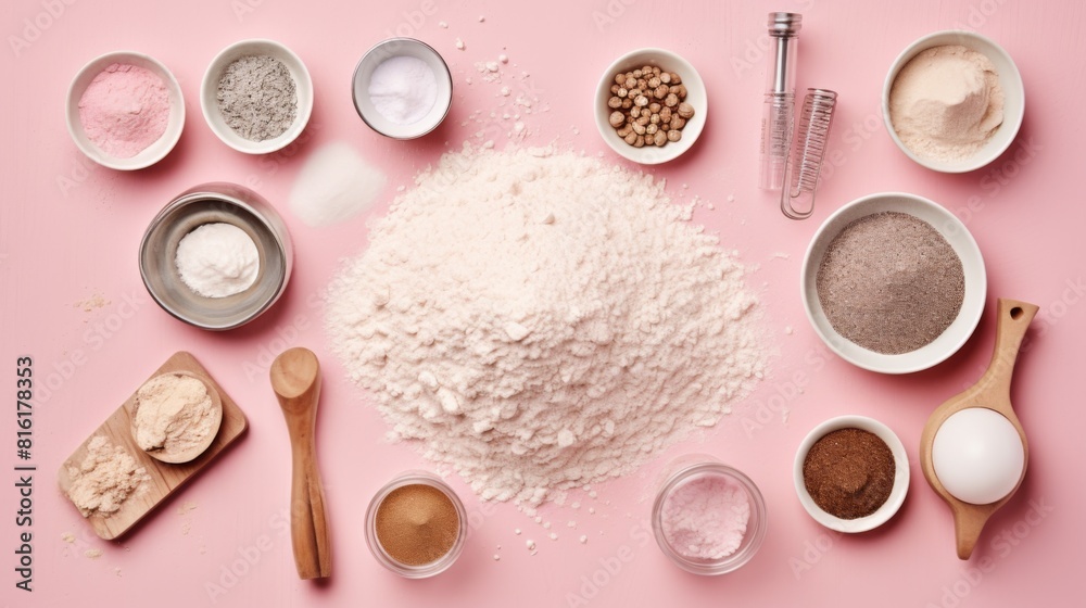 Baking setup with flour and various ingredients for preparation, showcasing a neat and orderly display Baking setup with flour and various ingredients for preparation, showcasing a neat and orderly display