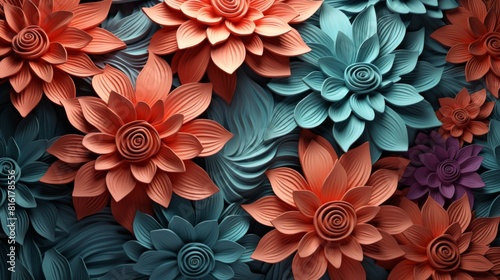 Detailed paper art featuring an arrangement of red and turquoise paper flowers  generating a captivating three-dimensional look