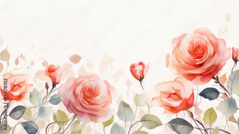 Fototapeta premium This image features a delicate display of watercolor roses with a gradient of colors from vibrant to pastel on a light, airy background