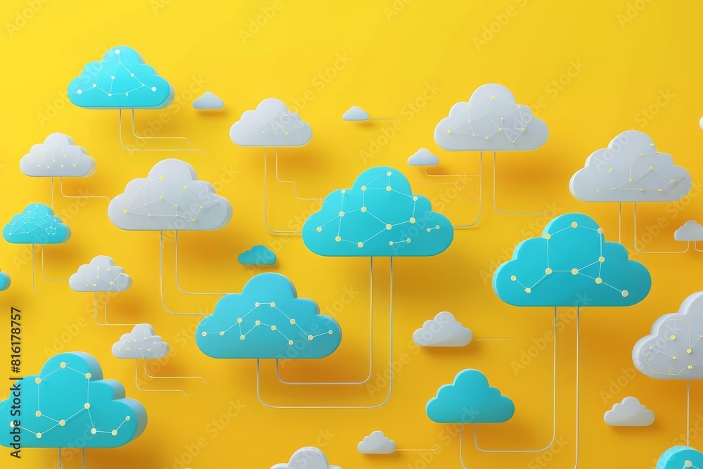 A vivid and modern depiction of cloud computing, with 3D cloud icons and network lines on a bright yellow background, symbolizing connectivity and digital innovation A vivid and modern depiction of cloud computing, with 3D cloud icons and network lines on a bright yellow background, symbolizing connectivity and digital innovation