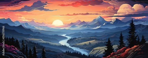 Landscape flat design top view mountain ranges theme animation Triadic Color Scheme photo