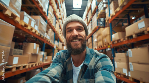 A warehouse smiling man worker is taking selfie on a working place
