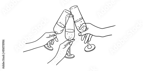 Continuous line champagne cheers one line art, continuous drawing contour. Toasting with wine glasses with drinks. Cheers toast festive decoration for holidays. Vector illustration	