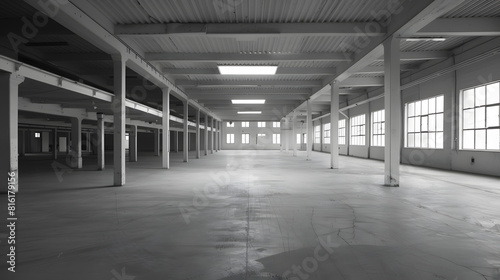 Empty Storehouse Interior for Background Abandoned Parking Lot Black and White Look : Generative AI