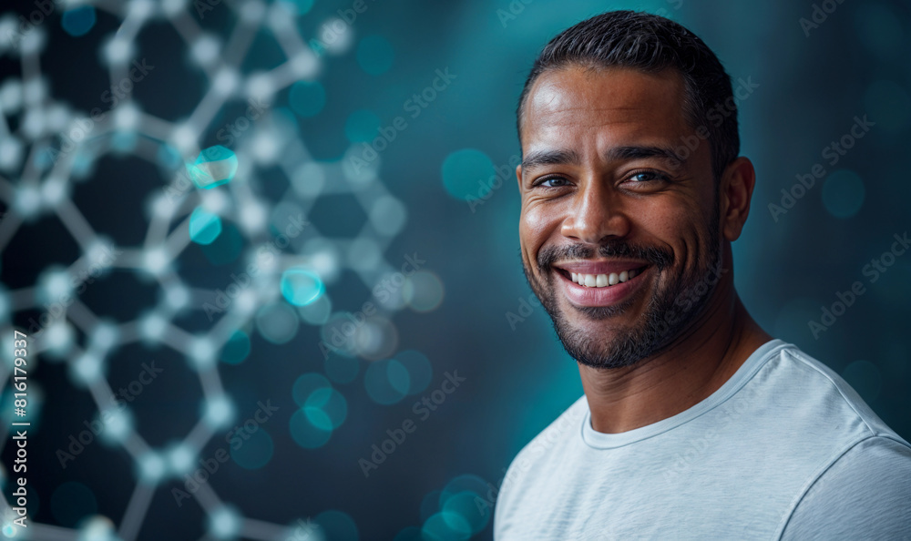 A man with a beard smiling in front of a blue background. There is a digital illustration of molecules displayed behind him A man with a beard smiling in front of a blue background. There is a digital illustration of molecules displayed behind him