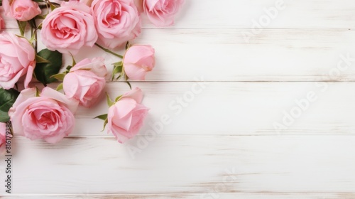 A serene and romantic display of pastel pink roses arranged neatly on a whitewashed wooden background © Damerfie