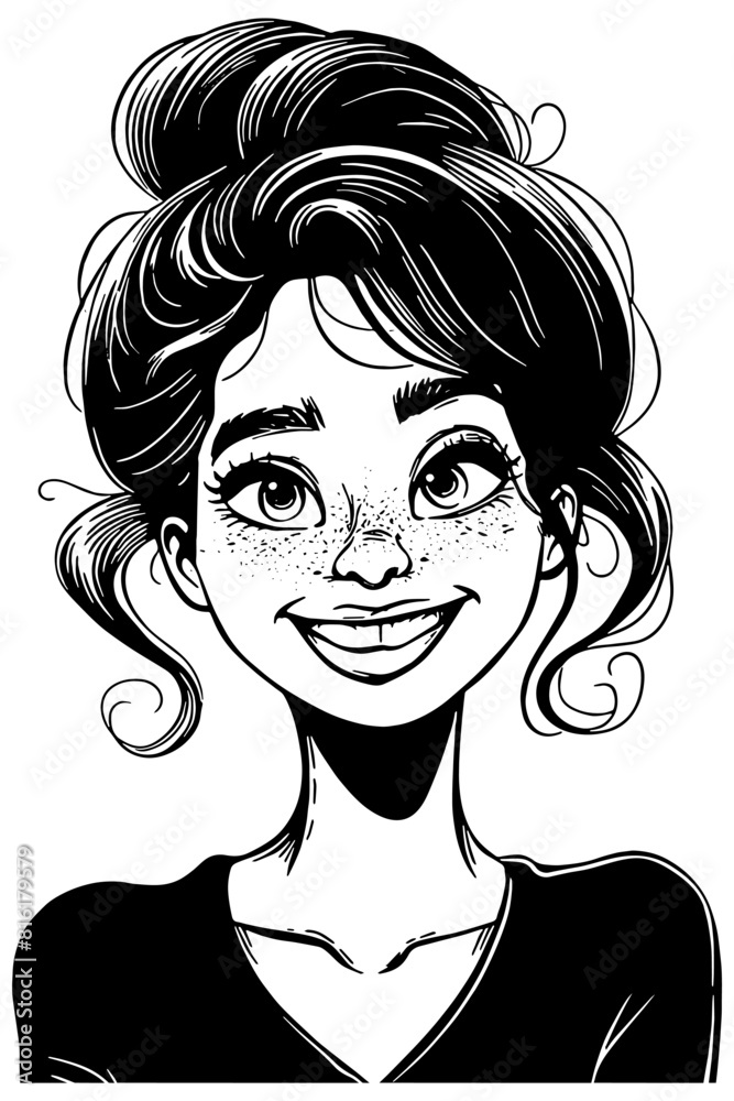 portrait of a cartoon young woman with a bun in her hair and freckles on her face portrait of a cartoon young woman with a bun in her hair and freckles on her face