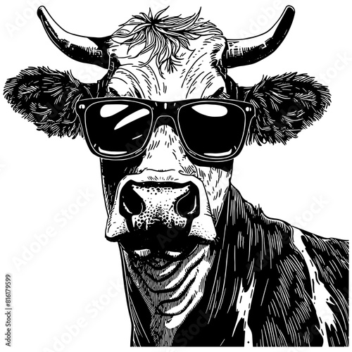 Funny cow wearing sunglasses portrait in black, isolated 