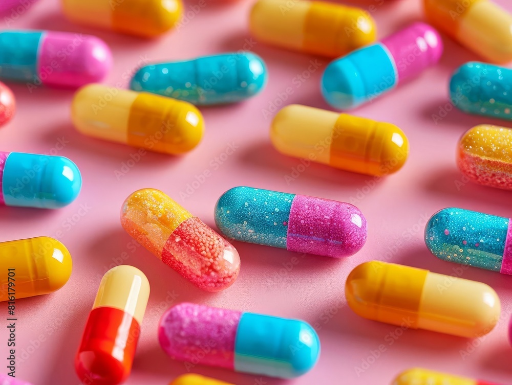 Artistic arrangement of multicolored pills, modern health care imagery, bright and inviting pharmaceutical presentation Artistic arrangement of multicolored pills, modern health care imagery, bright and inviting pharmaceutical presentation