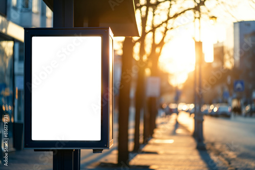 Illuminated blank billboard on city street at dusk