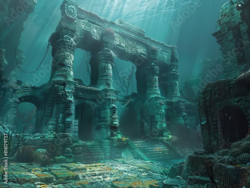 Atlantis reimagined, a cinematic portrayal of underwater archaeological wonders, steeped in mystery and marine ambiance