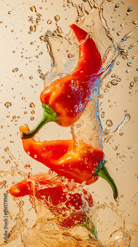 two red peppers floating in a bubbly liquid
