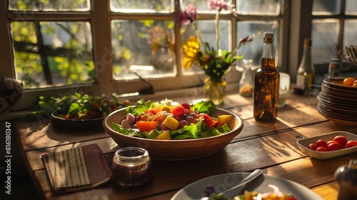 A variety of fresh vegetables on a kitchen counter by an open window.
