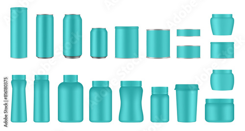 Set of mint green tin cans and jars. Coffee or tea canister. Tin can for preserves or pet food. Beer, cocktail or soda can. Chips tube. Cookie jar. Round box for sugar or flour