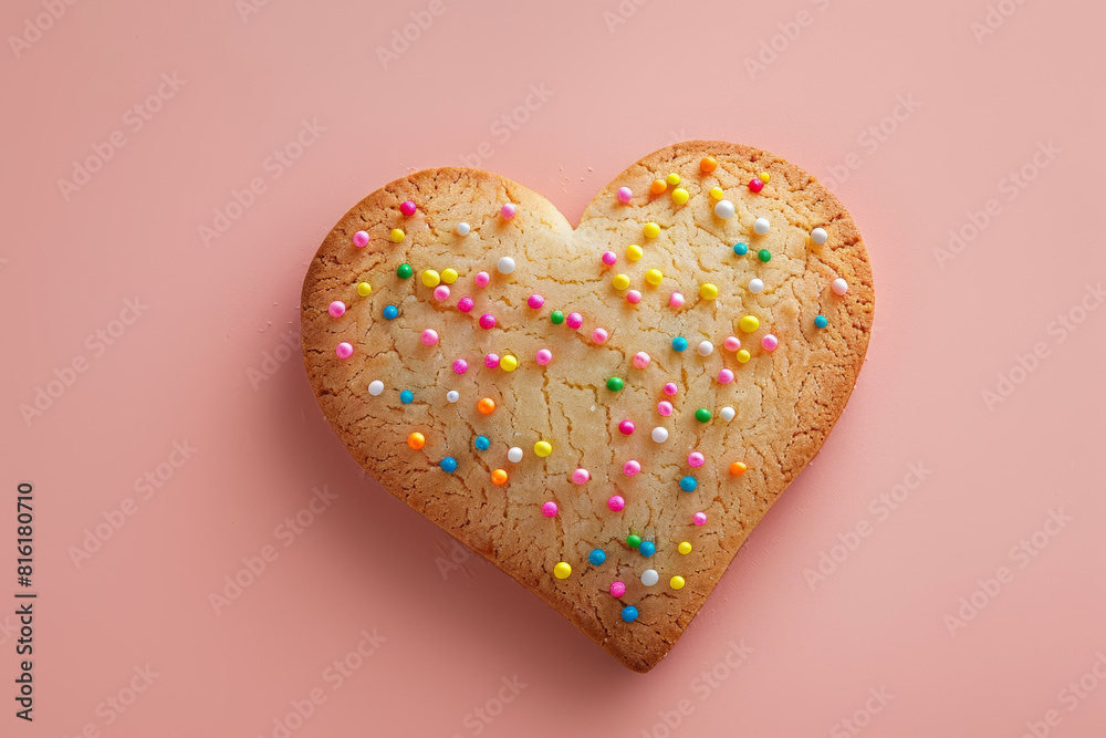 Treat: Heart-Shaped Cookie on Pastel Background Treat: Heart-Shaped Cookie on Pastel Background