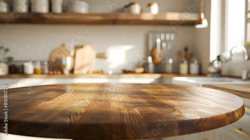 Empty beautiful round wood tabletop counter on interior in clean and bright kitchen  background Ready for display Banner for product montage   Generative AI