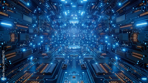 Detailed panoramic view of a bluetoned electronic circuit, emphasizing depth and hightech design photo