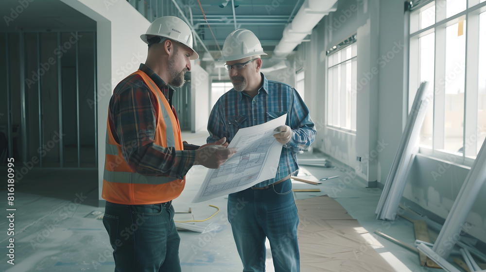 Construction foreman and owner looking at plans in empty office : Generative AI Construction foreman and owner looking at plans in empty office : Generative AI