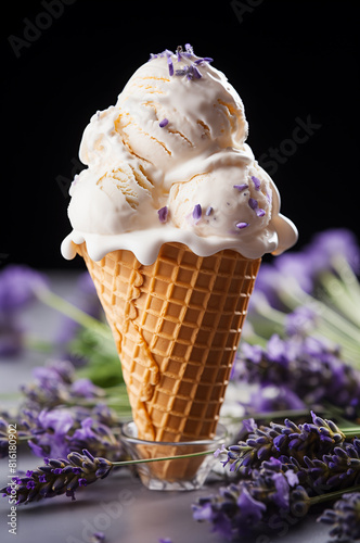 Delicious lavender ice cream in a waffle cone, garnished with fresh lavender flowers, set against a dark background, creating a beautiful and appetizing dessert scene.