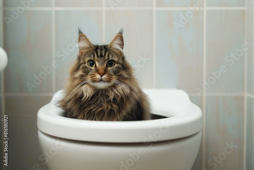 Adorable longhaired maine coon cat posing curiously inside an open white toilet in a tiled bathroom photo