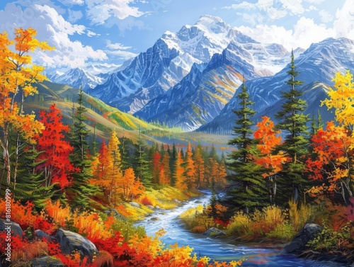 Dreamlike mountain vista, mystical river winding through vibrant, colordrenched forests, snowy peaks in the distance